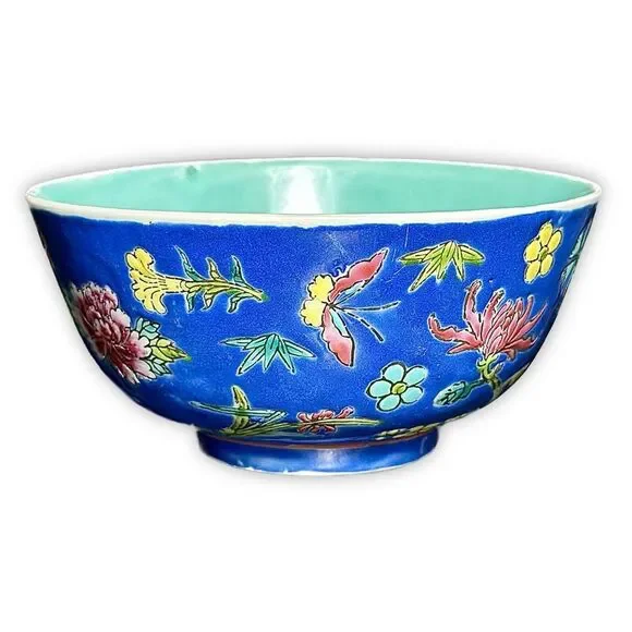 Vintage Famille Rose Blue Ground Millefleur Porcelain Rice Bowl & Spoon - Picture 10 of 10